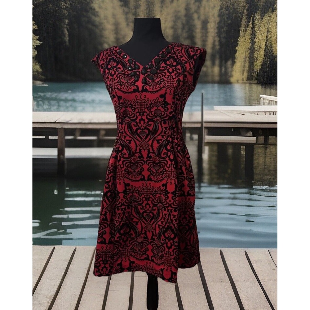 Y2K Dress ECI New York Whimsigoth Red‎ Black Paisley Velvet W/Pockets size 4
